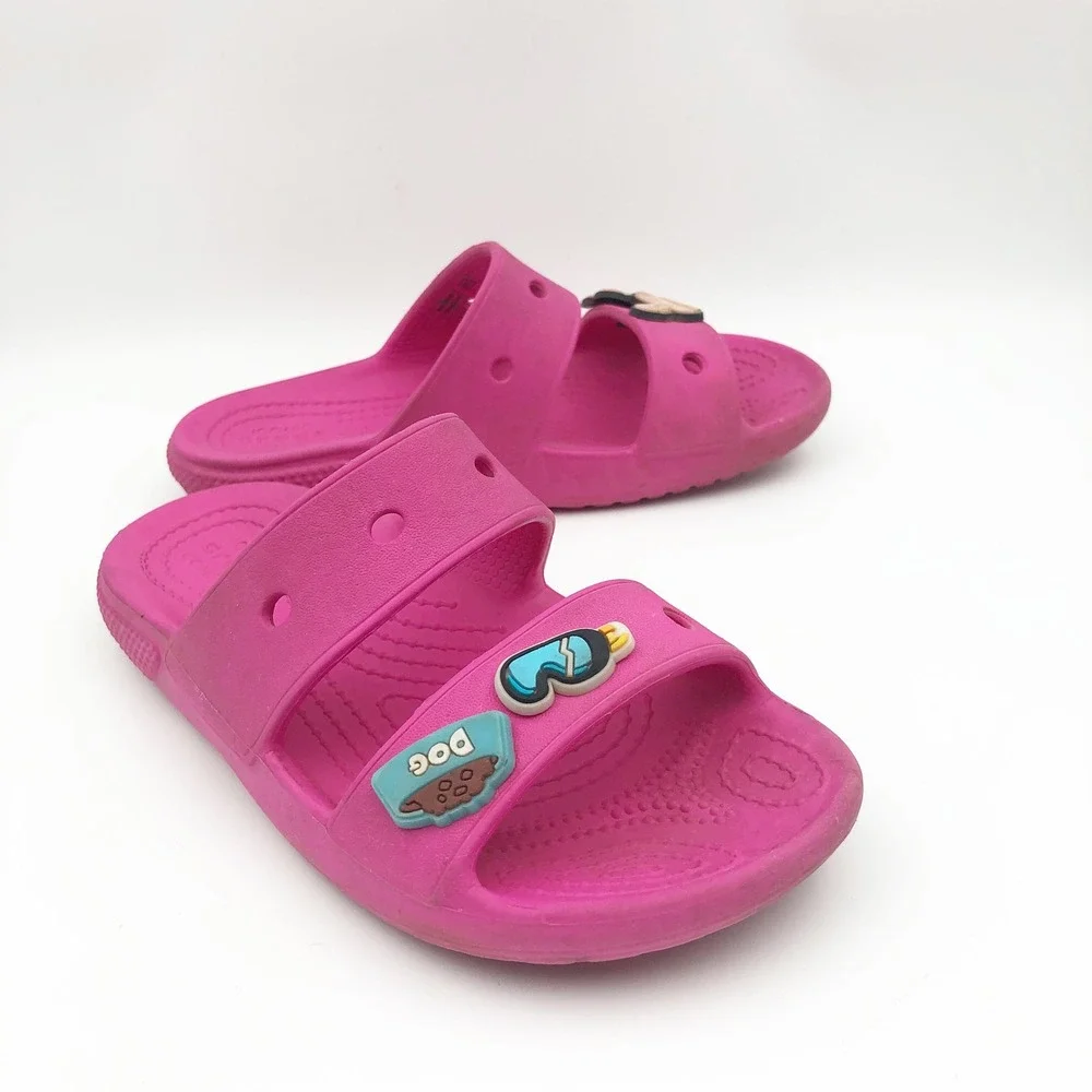 Crocs Classic Sandal Kids Youth 1 Pink Two Strap Slide Charms Jibbitz Shoes